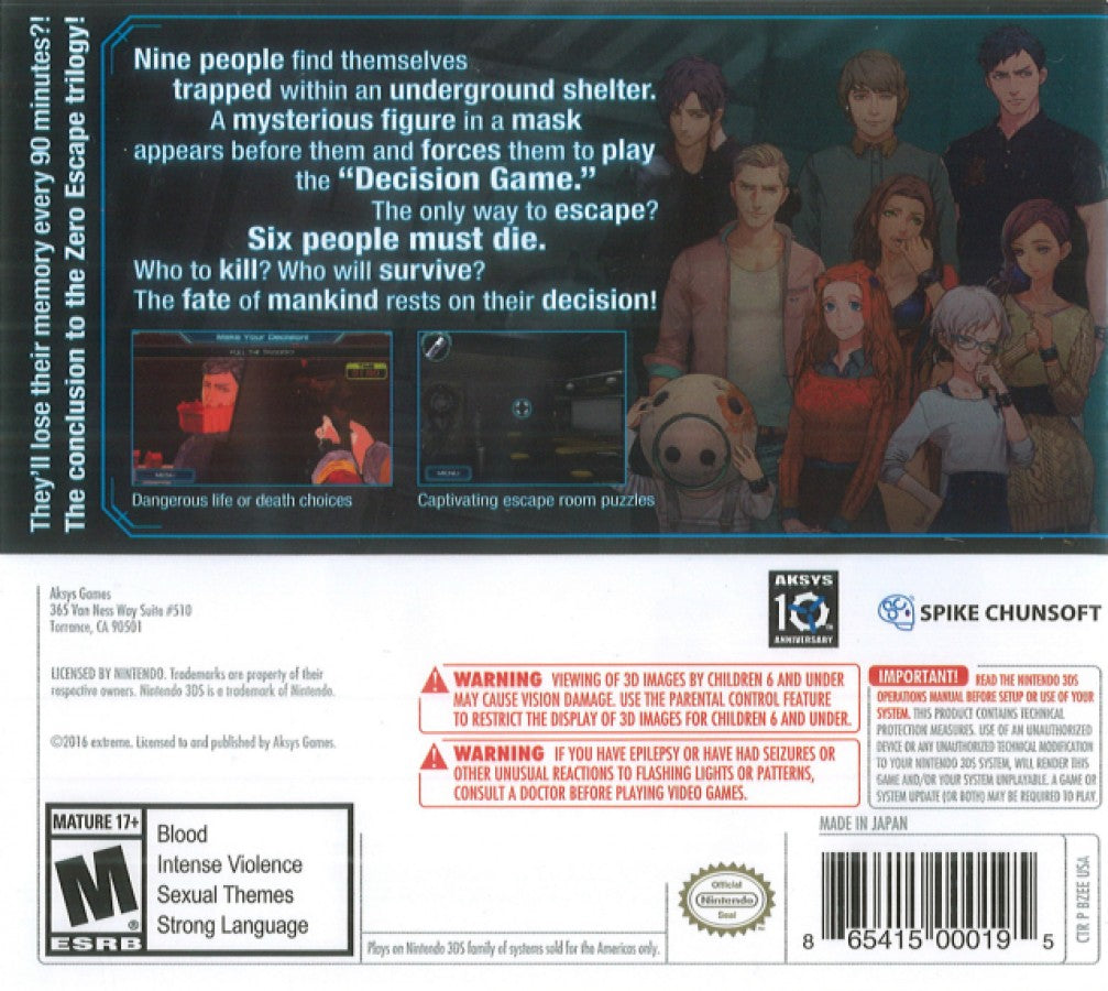 Zero Time Dilemma back of case for Nintendo 3DS (3DS) video game