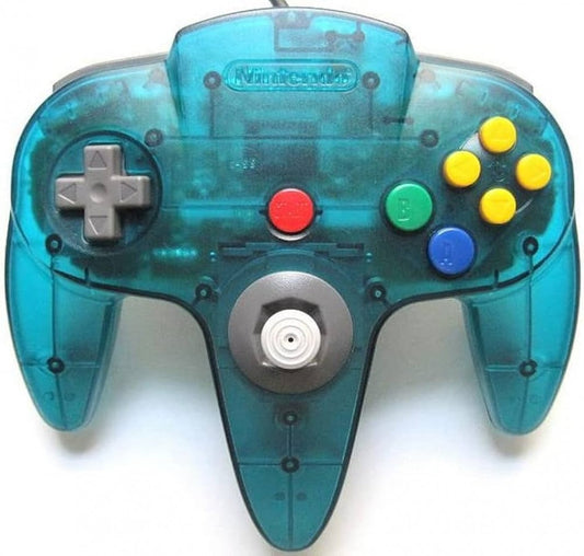 Nintendo 64 Console System (N64) Funtastic Ice Blue with Official Funtastic Ice Blue Controller – Yellowed Condition at Gamers INC, featuring the iconic 64-bit powerhouse in its vibrant, translucent Ice Blue finish from the classic Funtastic series; despite its age-related yellowing, this bundle includes the matching official controller and delivers the authentic multiplayer magic of the N64 library, from Super Mario 64 to GoldenEye 007, in a collectible, retro-styled package controller