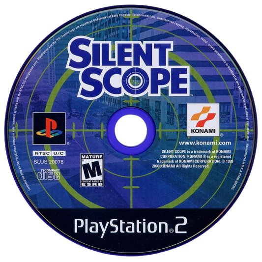 Silent Scope – PlayStation 2 (PS2) video game disc, arcade light-gun shooter.