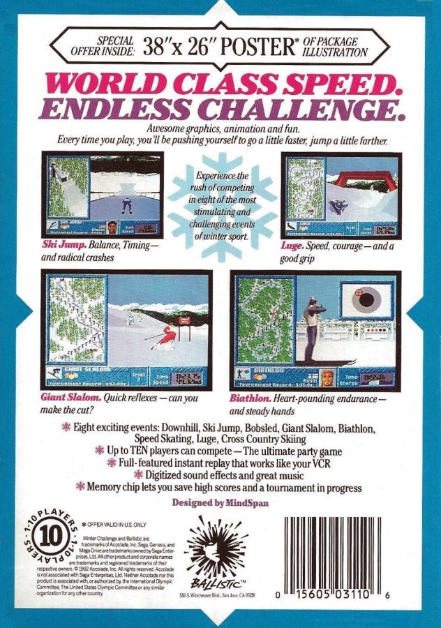Winter Challenge back cover art for Sega Genesis (GEN) video game
