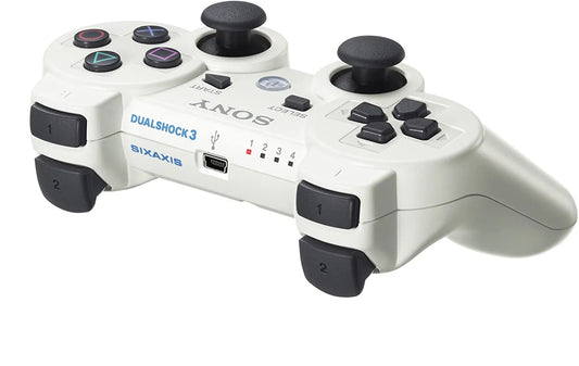 White DualShock 3 wireless controller for PlayStation 3 gaming console. rear view