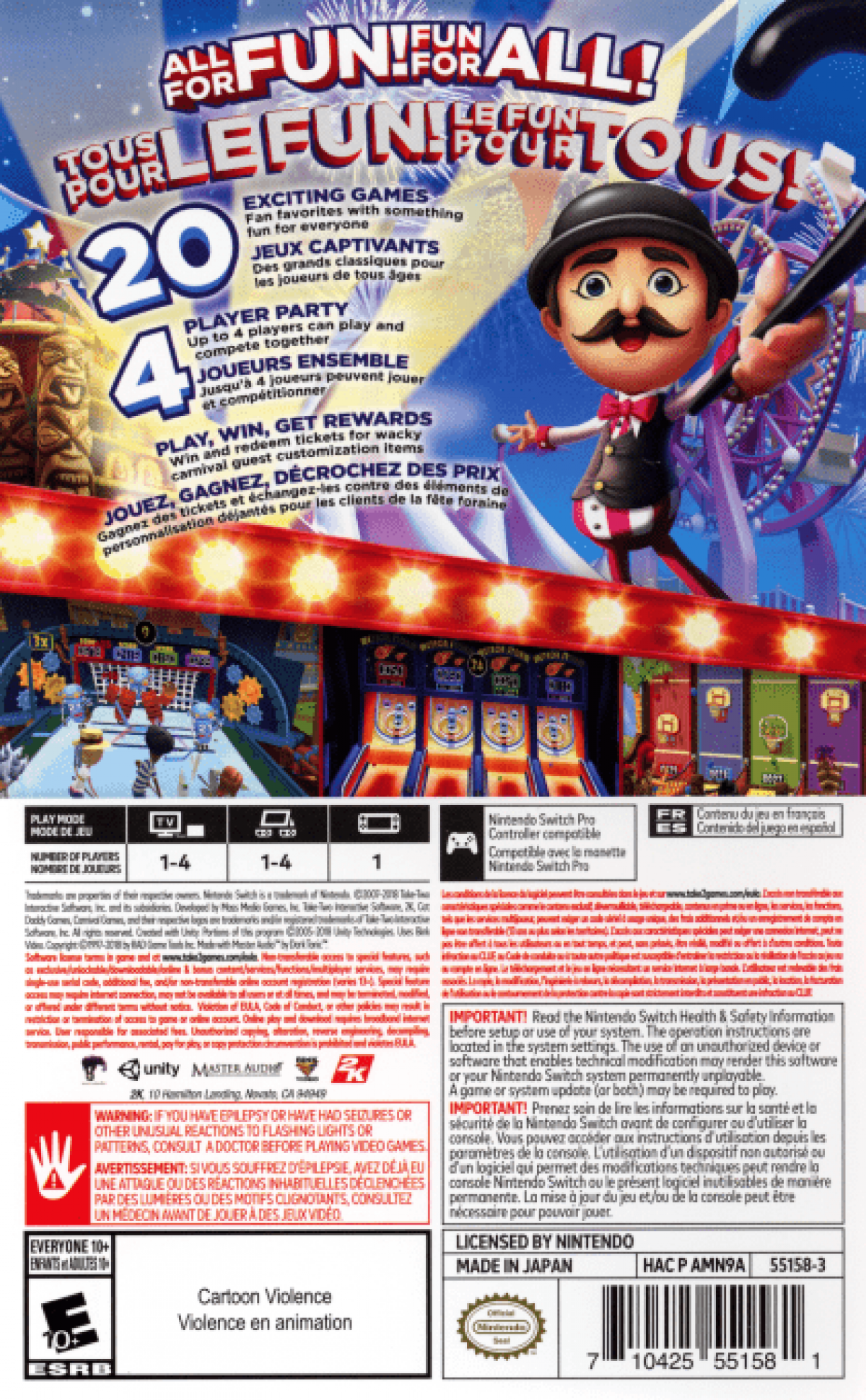 Carnival Games back of box for Nintendo Switch (NS) video game