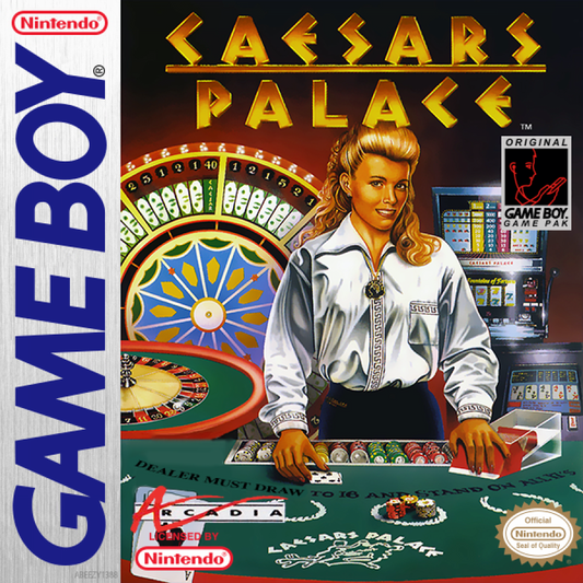 Game Boy cover art for 'Caesars Palace' with a dealer and casino-themed graphics.
