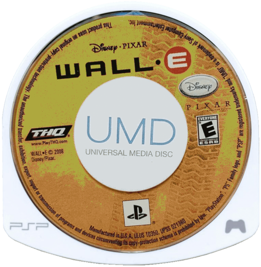 Disney Pixar WALL-E UMD disc for the PlayStation Portable featuring action platformer gameplay with puzzle solving elements as players control WALL-E and EVE across levels inspired by the film with exploration missions and family friendly mechanics UMD