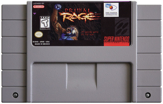 Primal Rage SNES game cartridge for the Super Nintendo system.