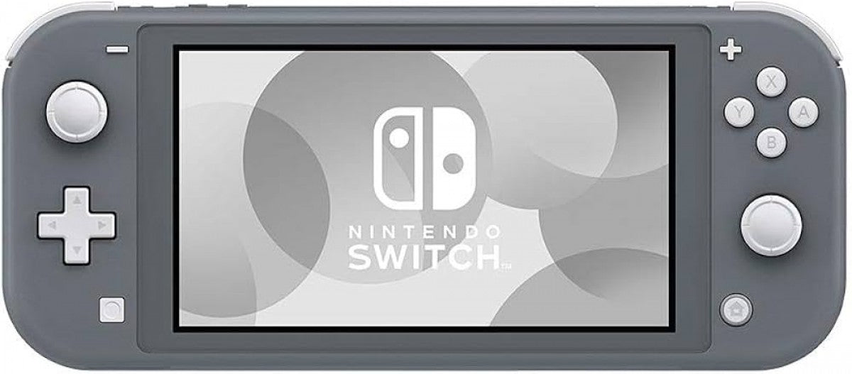 Front view of the gray Nintendo Switch Lite console with matte gray casing, integrated controls, and central display screen.