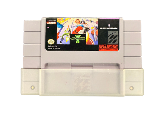 Jim Power The Lost Dimension Super Nintendo Entertainment System SNES retro video game action platformer featuring fast paced side scrolling combat challenging levels futuristic enemies power ups classic 16 bit graphics Super Nintendo gaming experience retro game collection appeal front of cartridge