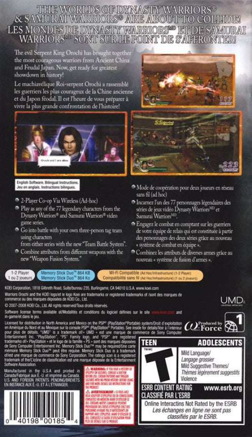 Warriors Orochi back cover art for Playstation Portable (PSP) action video game.