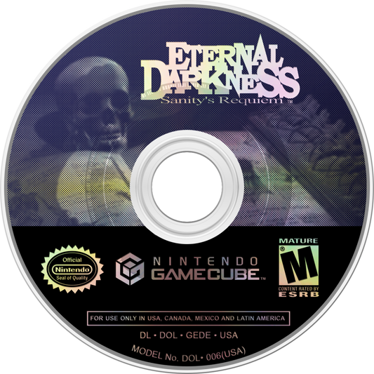 Eternal Darkness Sanity’s Requiem GameCube Nintendo GameCube survival horror psychological horror game sanity effects sanity meter mechanic sanity hallucinations fourth wall tricks ancient evil storyline Lovecraft inspired atmosphere Silicon Knights retro gaming GameCube software video game title disc