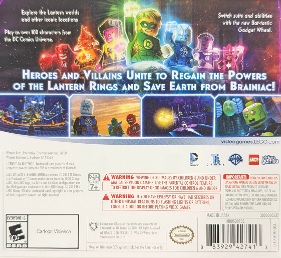 LEGO Batman 3 Beyond Gotham Nintendo 3DS handheld action-adventure game DC superheroes Lantern worlds Brainiac villain character swapping puzzle solving co-op gameplay back cover