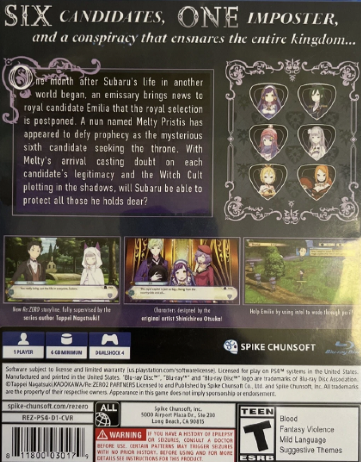 Re:ZERO: Starting Life in Another World: The Prophecy of the Throne – PlayStation 4 (PS4) video game back of case, Japanese role-playing game