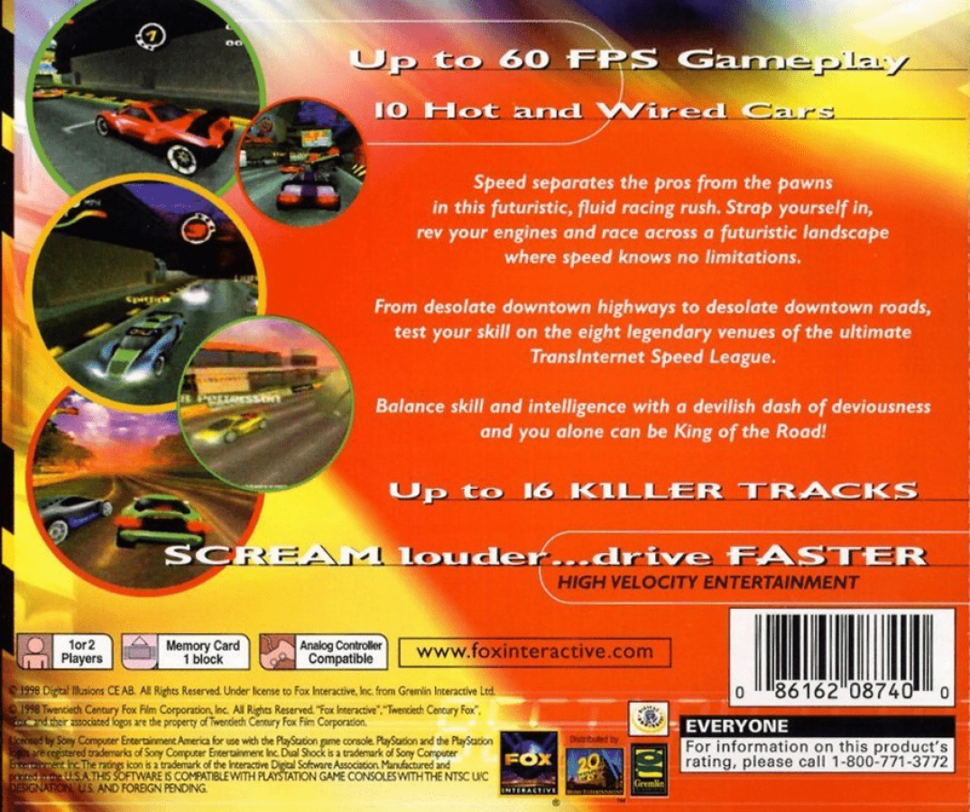 Motorhead – PlayStation 1 (PS1) back of case for retro racing video game for PS1