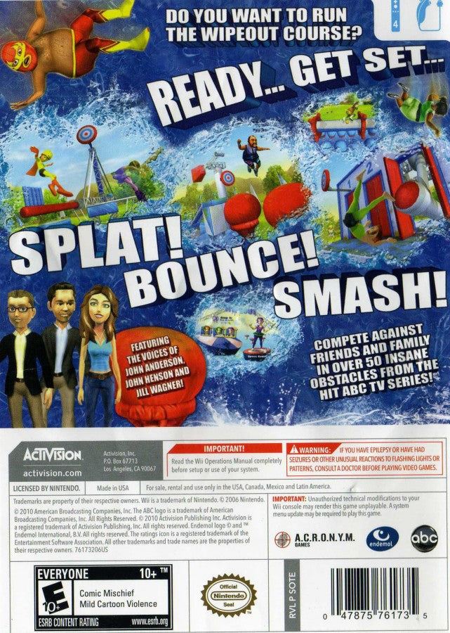 Wipeout: The Game back cover art for Nintendo Wii (Wii) featuring obstacle course challenges inspired by the TV show, motion‑controlled gameplay, and hilarious wipeout moments.