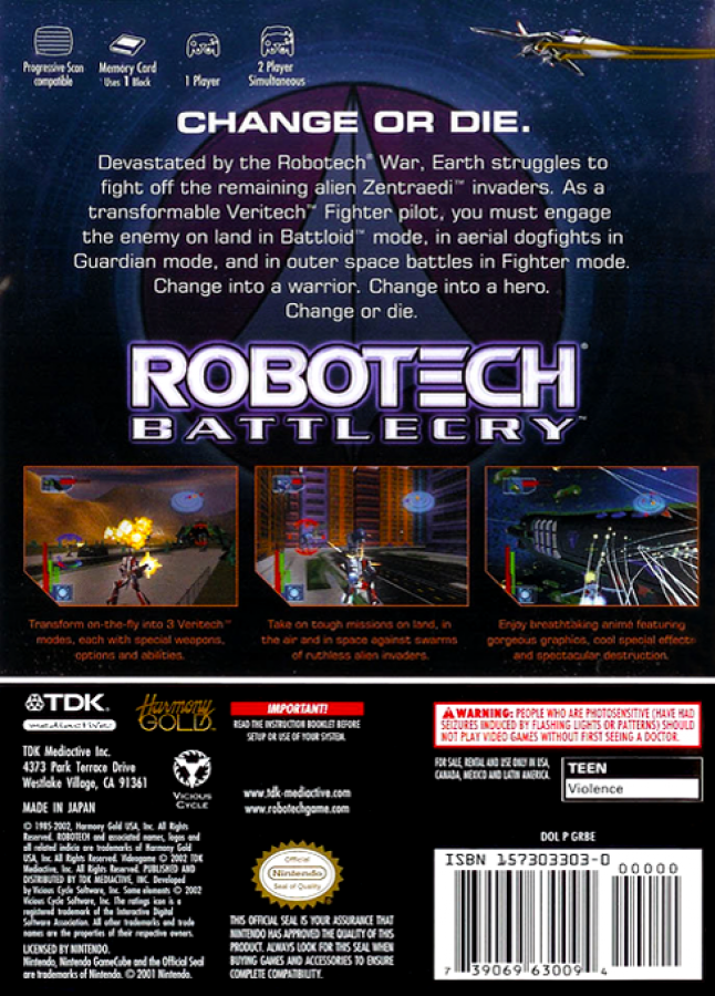 Robotech Battlecry back cover art for GameCube game featuring aerial mech combat action inspired by the classic anime series
