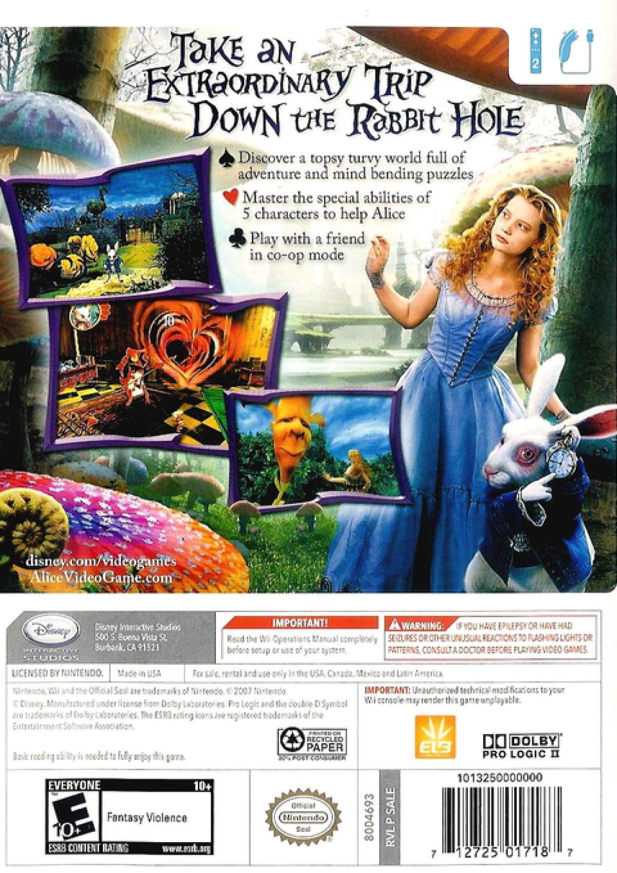 Alice in Wonderland back cover art for Nintendo Wii (Wii) video game