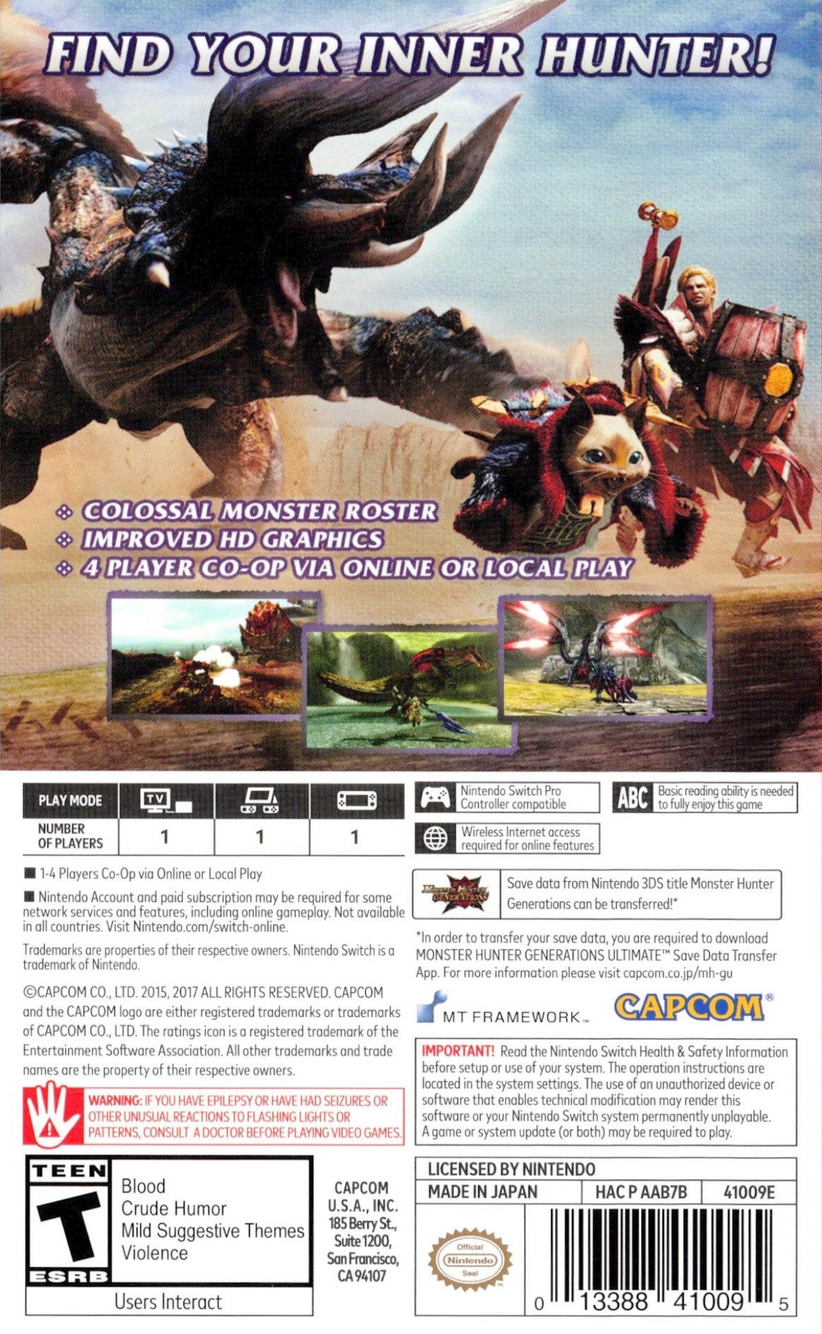 Monster Hunter Generations Ultimate Nintendo Switch inspired design featuring epic action role playing adventure aesthetic massive monster battles legendary weapons cooperative hunting quests vast fantasy environments deep character progression gameplay presentation back cover art
