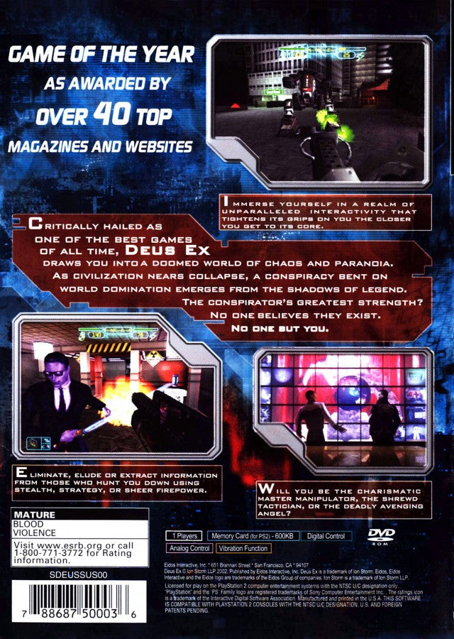 Deus Ex: The Conspiracy for PlayStation 2 with cyberpunk-themed stealth and action-RPG back cover art