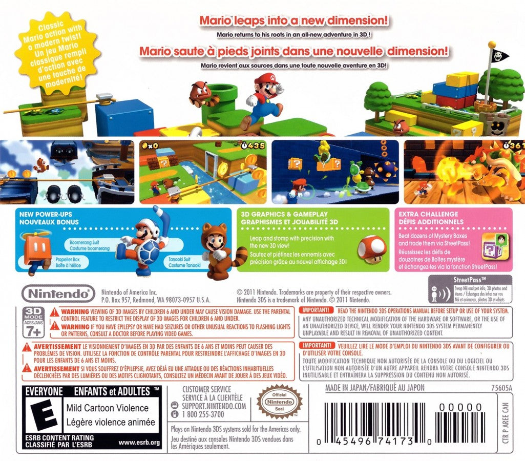 Super Mario 3D Land back of case for Nintendo 3DS (3DS) platformer video game