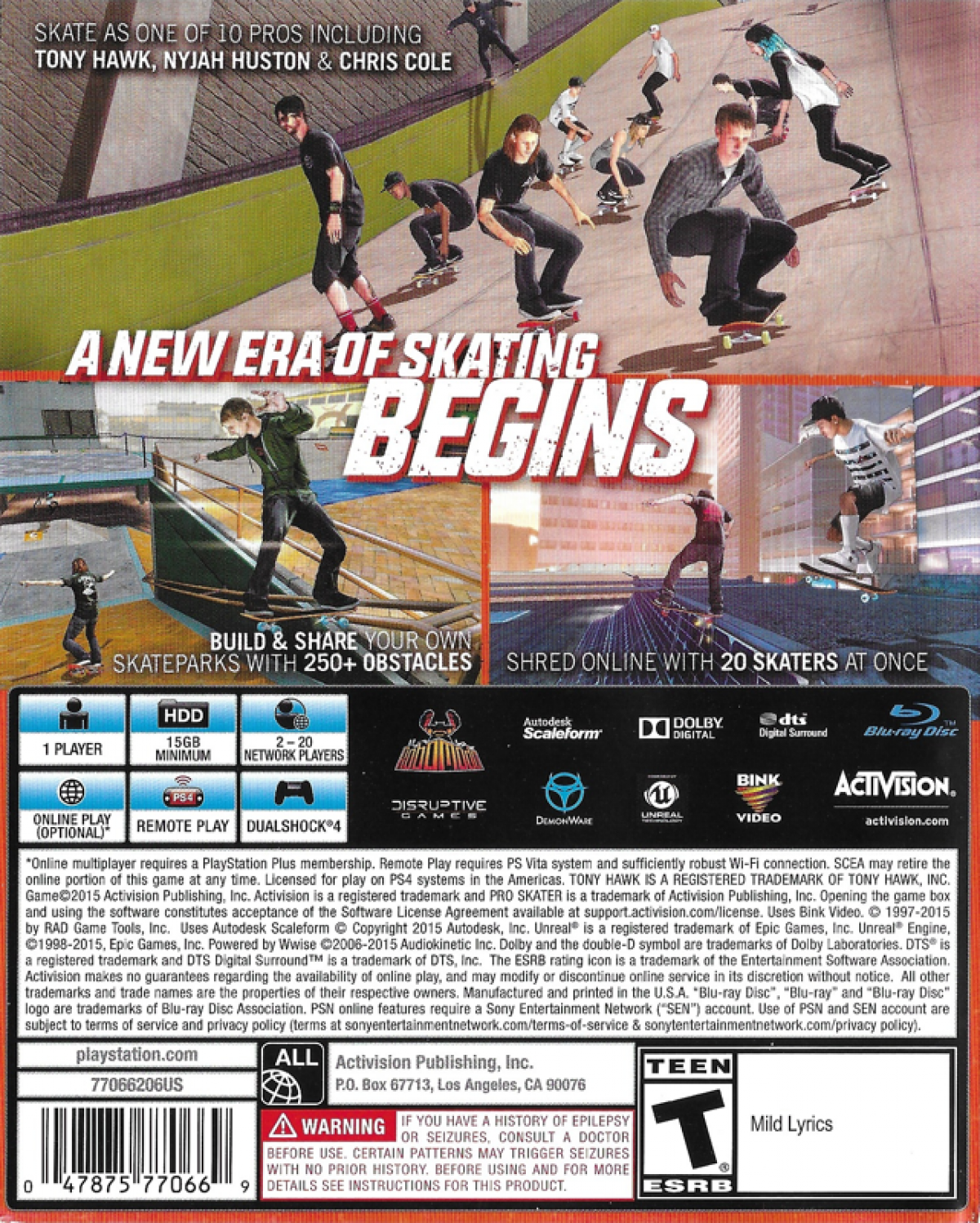 Tony Hawk's Pro Skater 5 – PlayStation 4 (PS4) video game back of case, skateboarding sports game.