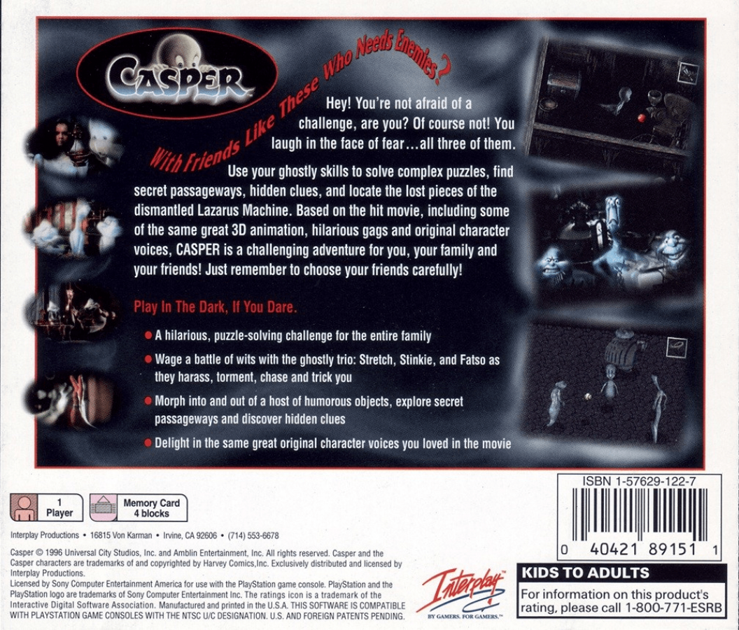 Casper back of case for PlayStation 1 (PS1) retro video game