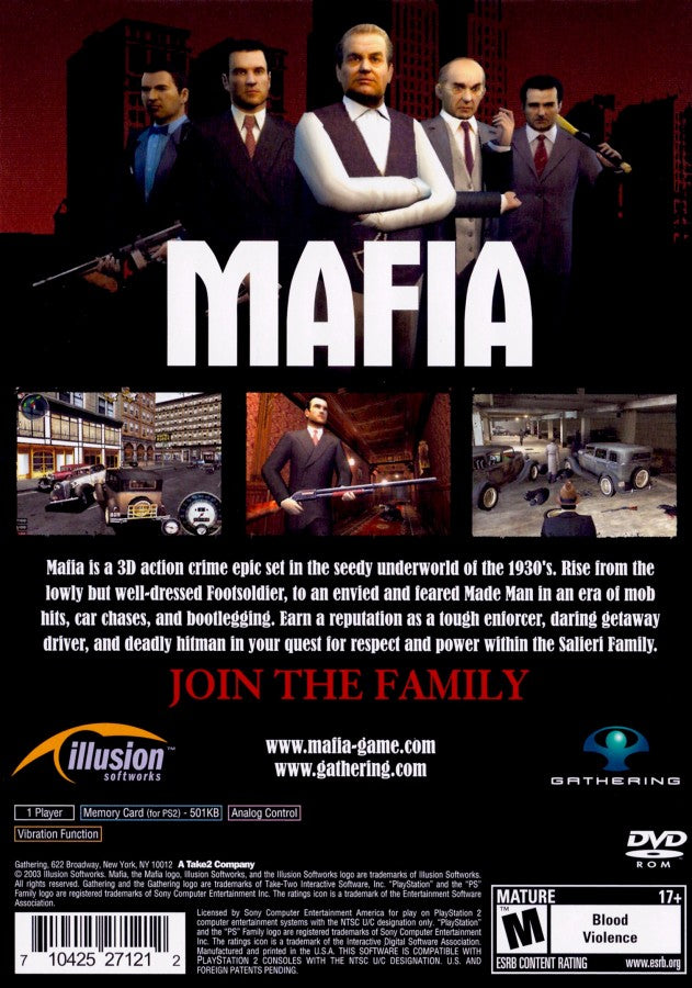 Mafia back cover art for Playstation 2 (PS2) video game
