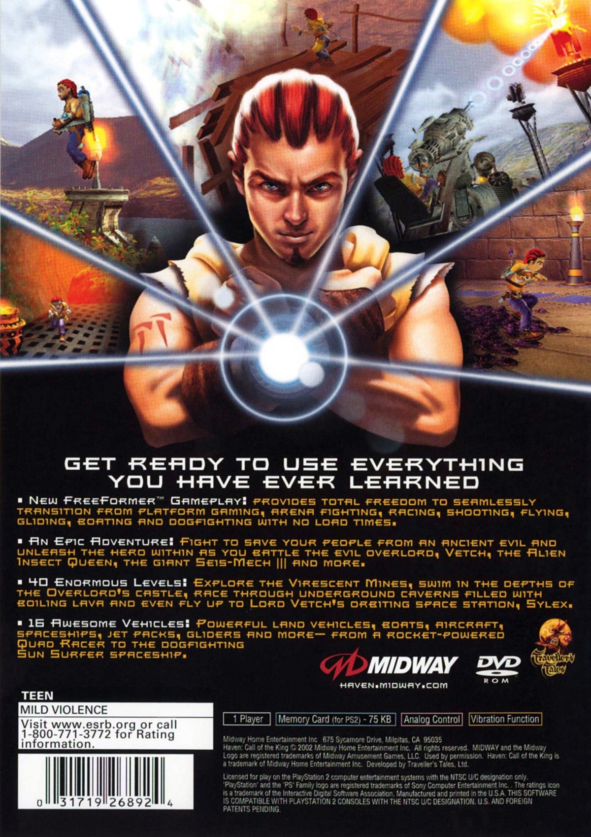 Haven Call of the King PS2 Sony PlayStation 2 action adventure platformer third person gameplay parkour acrobatics melee combat puzzles story driven fantasy world Midway Games retro gaming PlayStation 2 software video game title back cover art