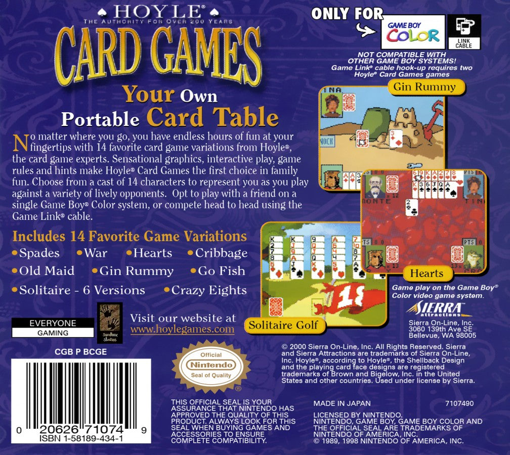 Hoyle Card Games for Game Boy Color, back of case for a card and casino video game with classic card game collections, tabletop gameplay, solo play, and portable strategy fun
