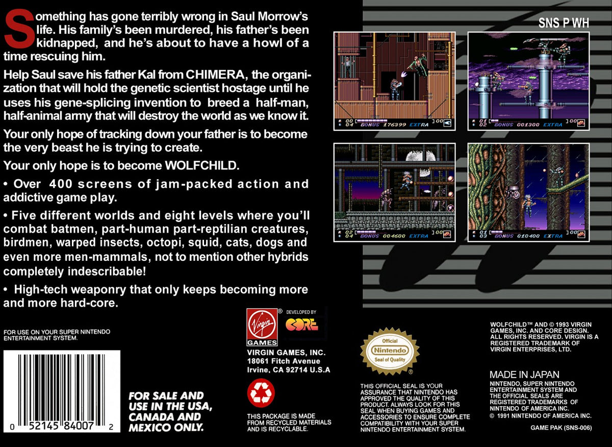 Wolfchild Super Nintendo Entertainment System SNES retro video game action platformer collectible gaming title featuring fast paced combat challenging platforming fantasy adventure gameplay classic 16 bit graphics Super Nintendo gaming experience retro game collection appeal back cove art
