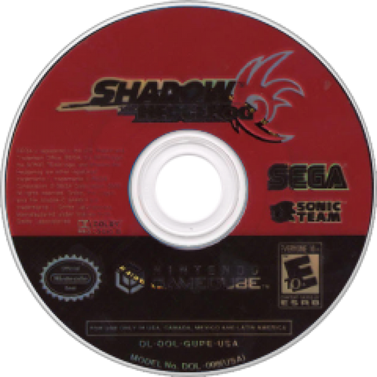 Shadow the Hedgehog GameCube game disc showing Shadow with a gun and fiery background.