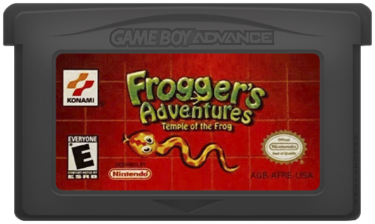 Frogger’s Adventures Temple of the Frog for Game Boy Advance (GBA), cartridge for a retro video game featuring action-adventure platforming gameplay, puzzle-solving challenges, fantasy environments, and classic character-based exploration