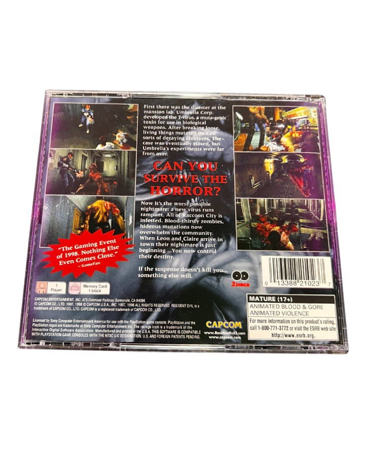 Resident Evil 2 back of case for PlayStation 1 (PS1) survival horror video game