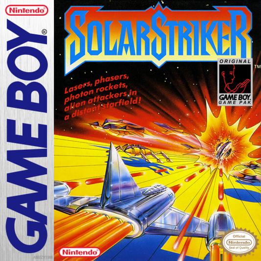 Box cover of 'SolarStriker' for Game Boy with space-themed graphics and text.