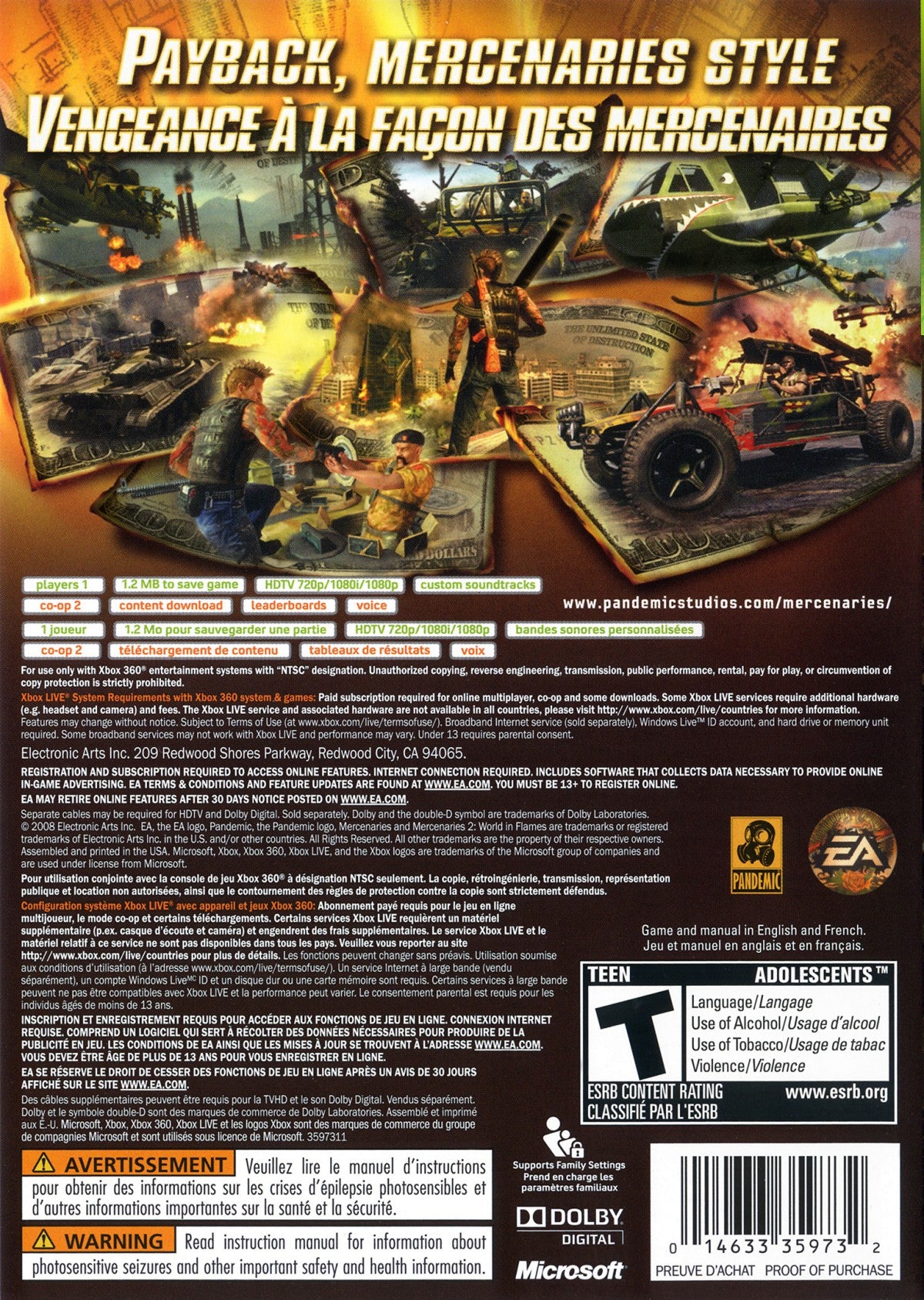 Mercenaries 2 World in Flames Xbox 360 open-world action sandbox video game with explosive gameplay and a dynamic world back cover