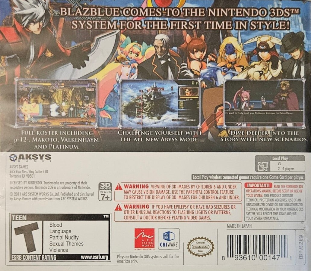 BlazBlue: Continuum Shift II back of case for Nintendo 3DS (3DS) fighting video game