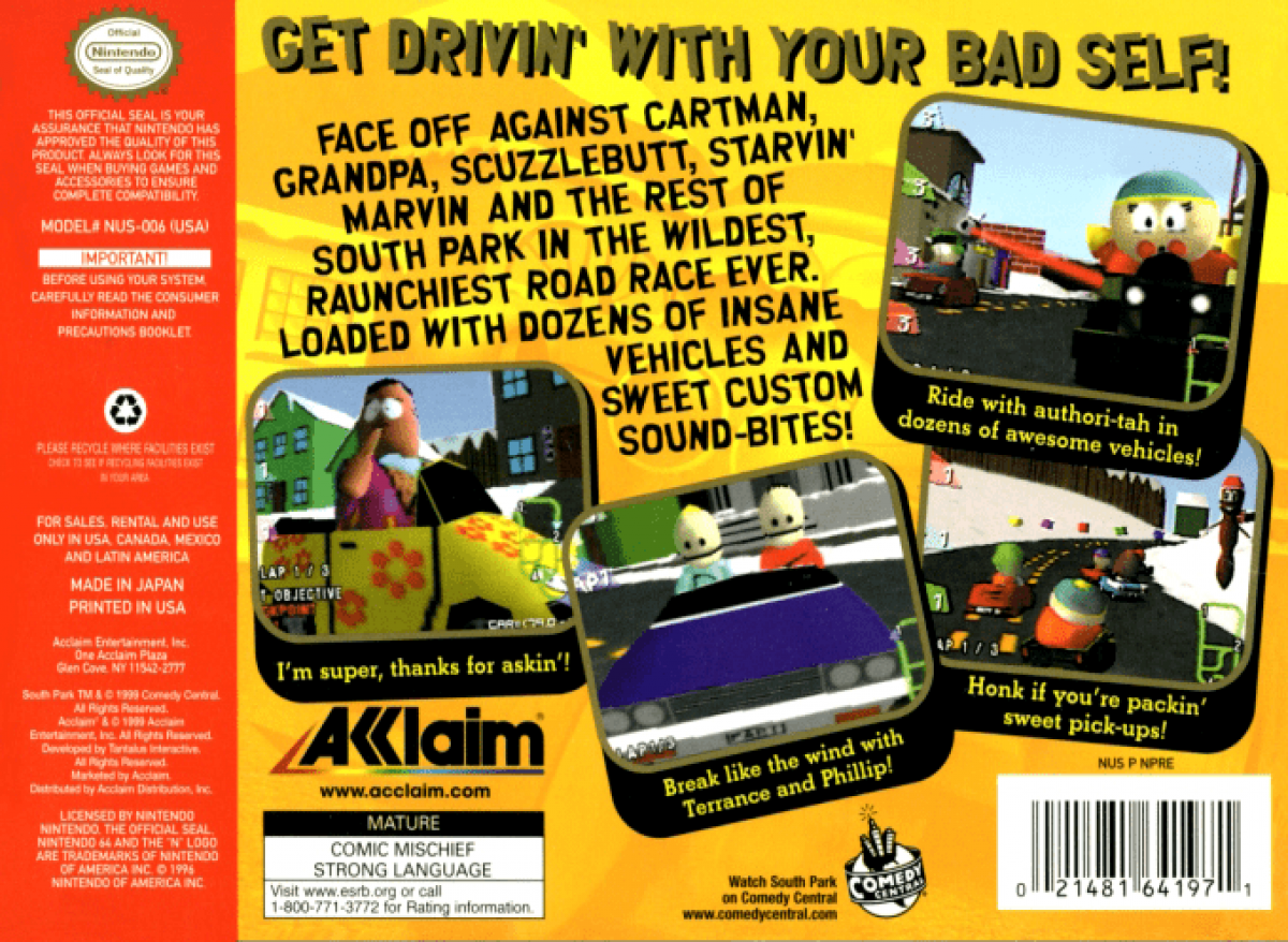 South Park Rally back cover art for Nintendo 64 (N64) video game