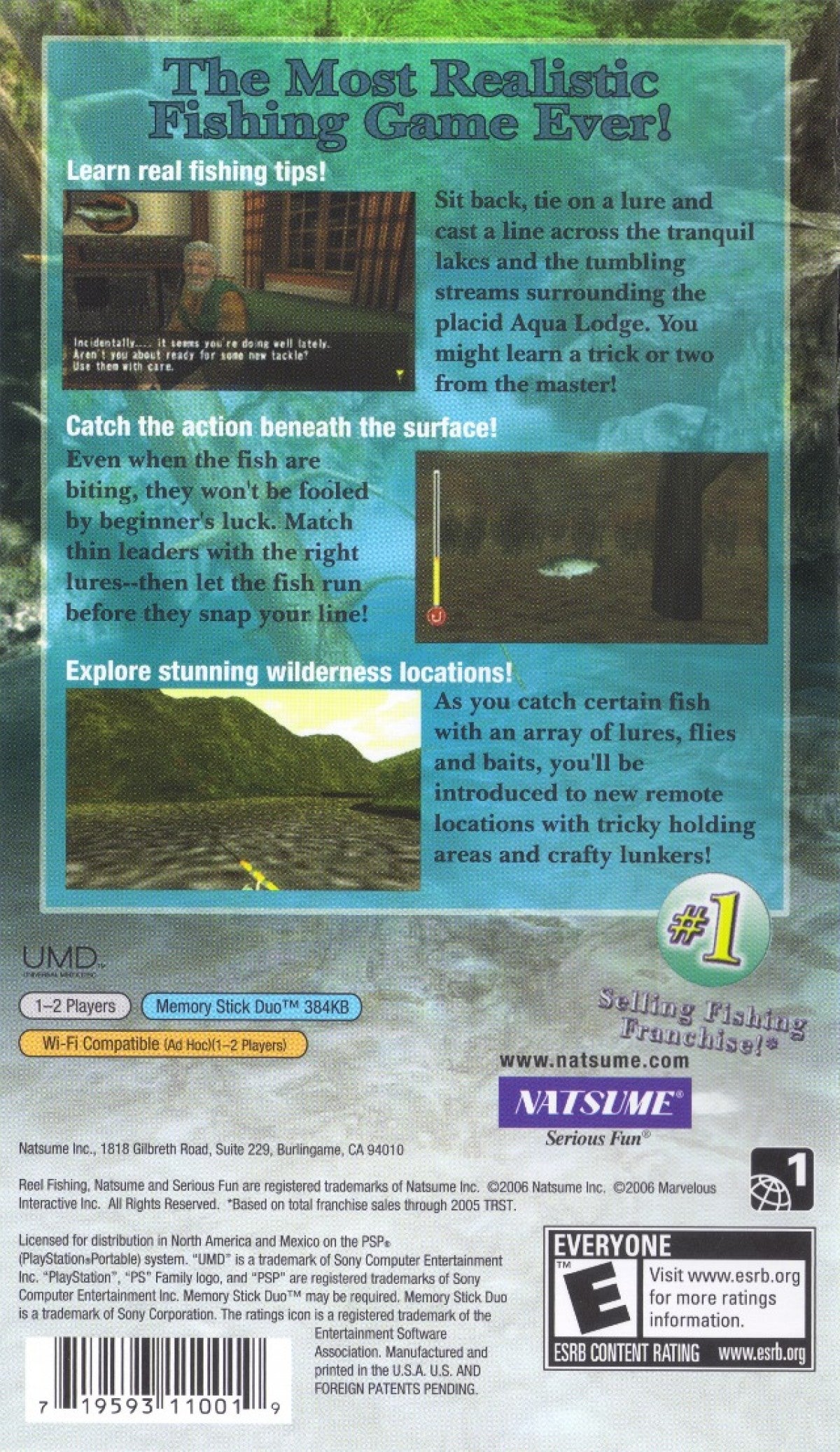 Reel Fishing The Great Outdoors PlayStation Portable PSP inspired design featuring relaxing fishing simulation aesthetic tranquil natural environments realistic angling mechanics variety of fish species outdoor exploration gameplay and portable casual sports experience presentation back cover