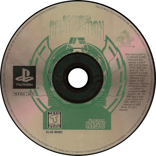 Mass Destruction game for the PlayStation featuring vehicular combat gameplay with tank based missions destructible environments objective driven levels and arcade style action across military themed battlefields disc