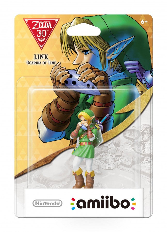 Link Amiibo Ocarina of Time The Legend of Zelda 30th Anniversary Nintendo Amiibo sealed collectible figure featuring Link from The Legend of Zelda Ocarina of Time detailed character design classic Zelda styling NFC functionality compatible Nintendo games sealed packaging Amiibo collection display collectible and gaming accessory appeal