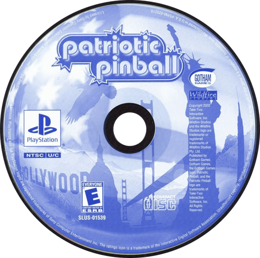 Patriotic Pinball PlayStation 1 PS1 video game, pinball simulation, themed arcade-style tables, classic console title disc