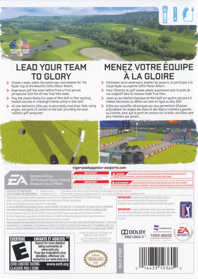 Tiger Woods PGA Tour 11 back cover art for Nintendo Wii (Wii) featuring motion‑controlled golf, Ryder Cup team play, and authentic championship courses.