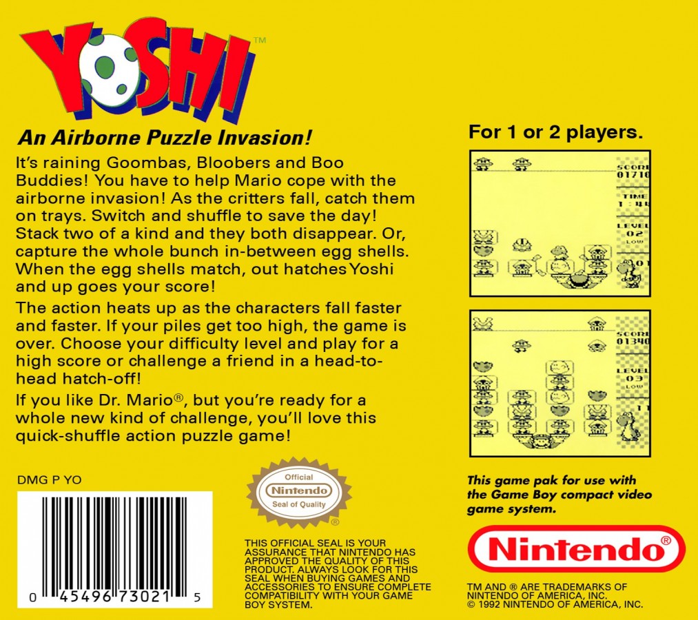 Yoshi back cover art for Game Boy (GB) video game