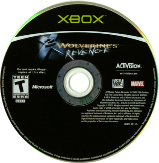 X2 Wolverine's Revenge disc art for XBOX action adventure video game.