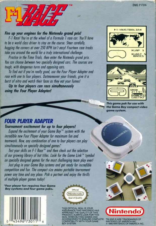 F-1 Race back cover art for Game Boy (GB) video game