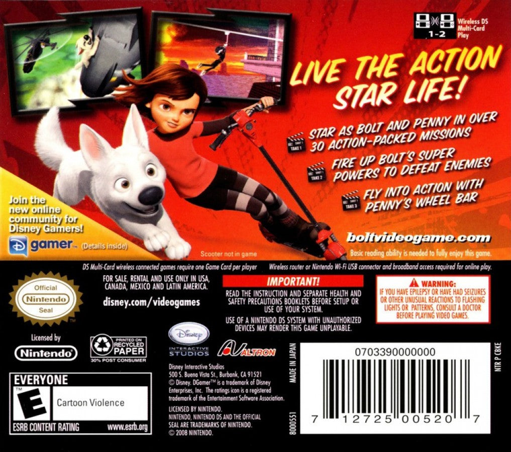 Disney Bolt back of case for Nintendo DS (DS) action adventure video game