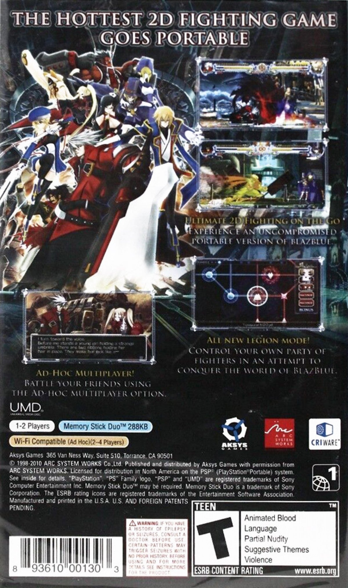 BlazBlue Calamity Trigger Portable UMD for the PlayStation Portable featuring 2D fighting gameplay with anime style visuals character specific abilities multiple modes including Arcade Versus and Story and fast paced one on one combat with a full roster adapted from the console version back cover