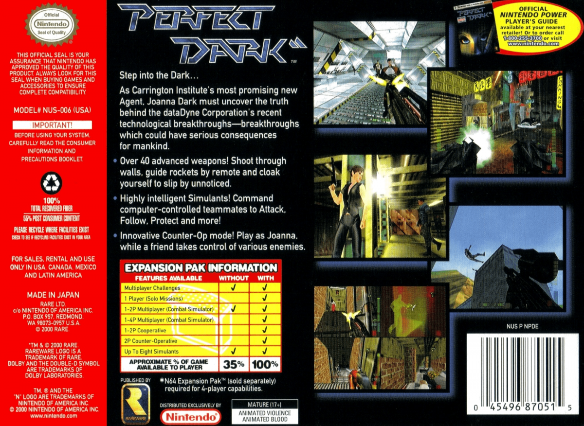Perfect Dark back cover art for Nintendo 64 (N64) video game
