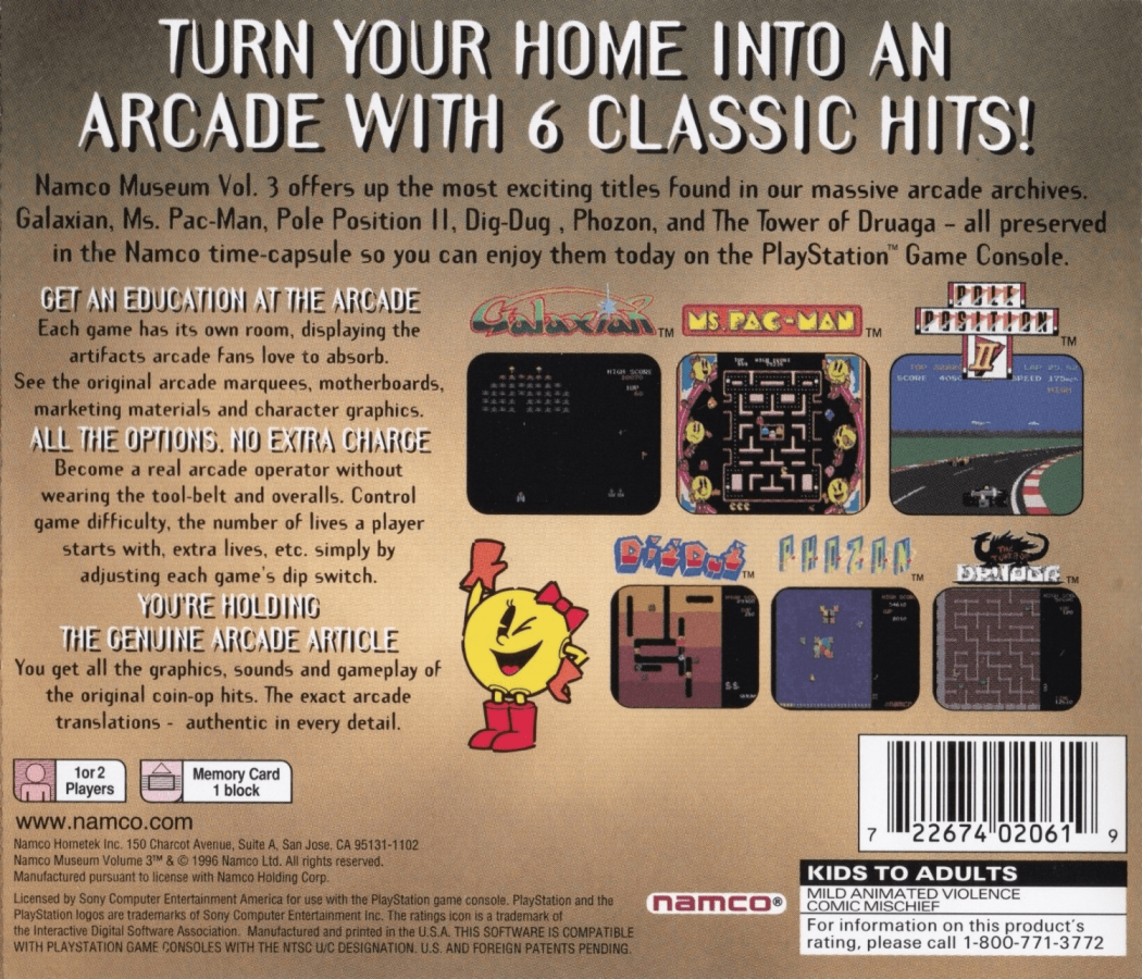 Namco Museum: Volume 3 back of case for PlayStation 1 (PS1) retro video game