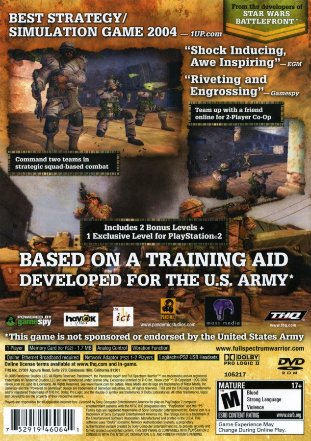 Full Spectrum Warrior back of case for PlayStation 2 (PS2) modern military tactical squad-based action video game