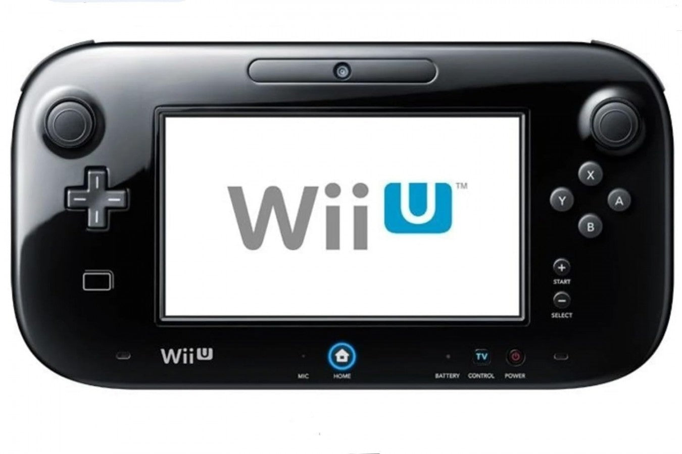 Black Nintendo Wii U console system with GamePad, designed for playing Wii U video games. gamepad display