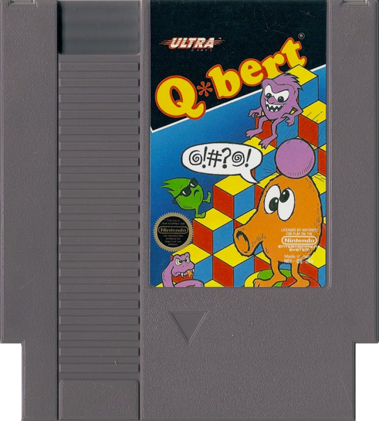 Q*bert cartridge for the Nintendo Entertainment System featuring 8 bit arcade puzzle action with isometric hopping gameplay changing cube colors while avoiding enemies and obstacles cartridge